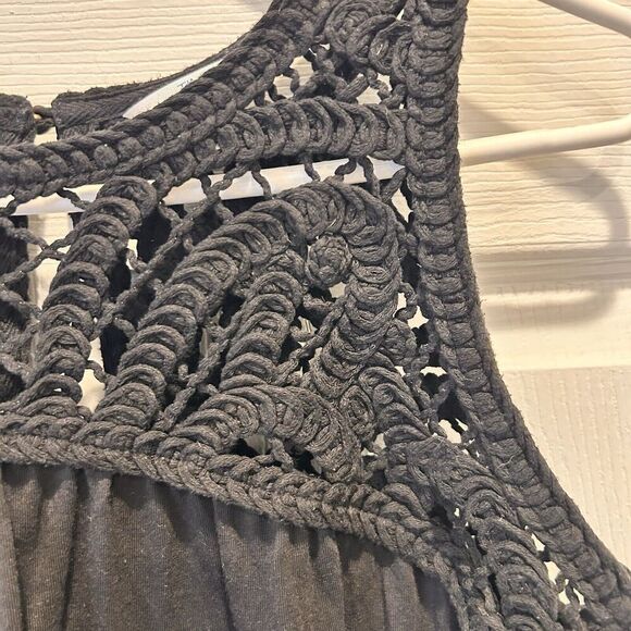 Time and Tru Crochet Yoke‎ Sleeveless Top Black Cotton Modal Size Large Boho - Picture 2 of 7